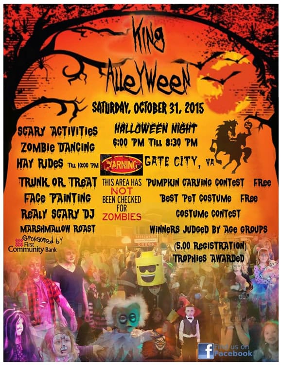 King Alleyween event poster for Saturday, October 31, 2015. Featuring many activities, trunk or treat and contests.