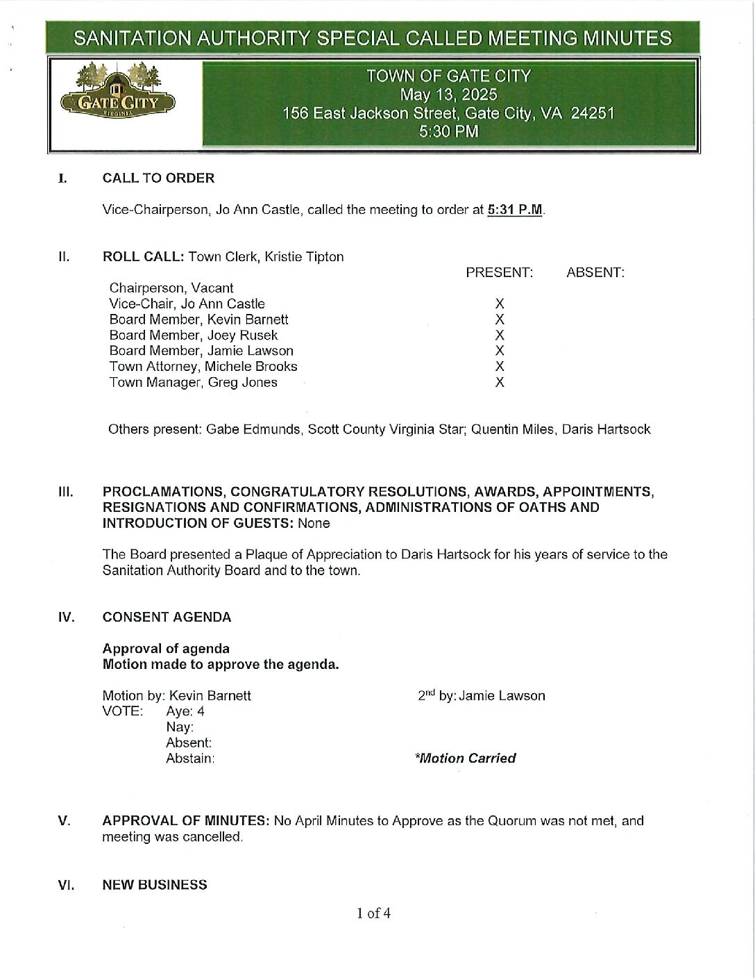 Sanitation Authority – Special Called Meeting