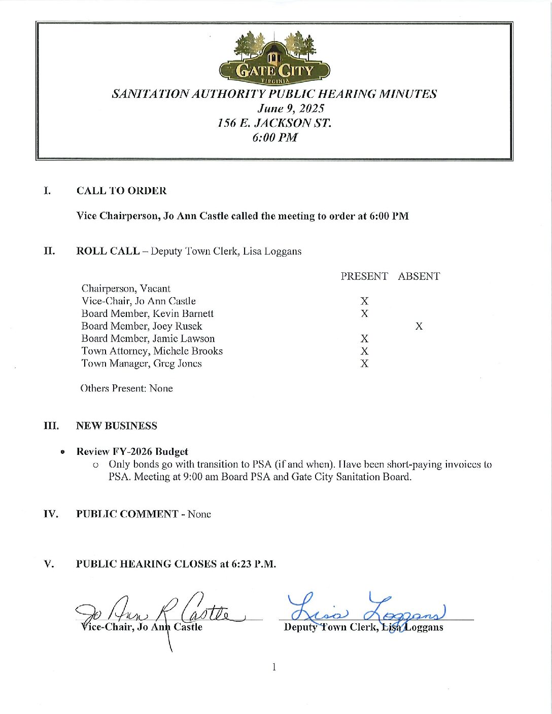 Sanitation Authority Minutes