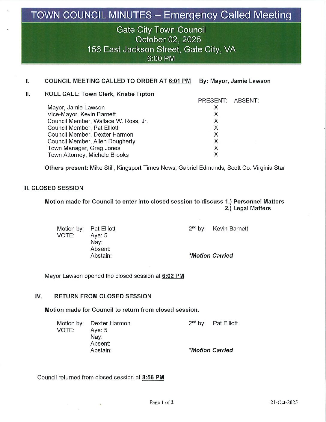 10 - SIGNED MINUTES Emergency Meeting 02-Oct-2025 Emergency Called Meeting - Council Minutes