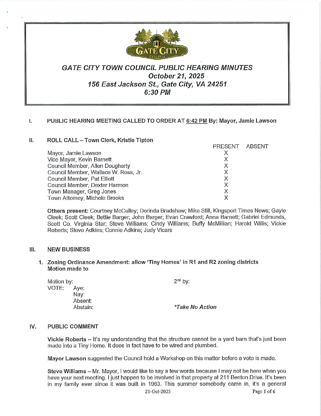 SIGNED Minutes Public Hearing on Tiny Homes 21-Oct-2025 Public Hearing to consider including Tiny Homes as an accessory structure.
