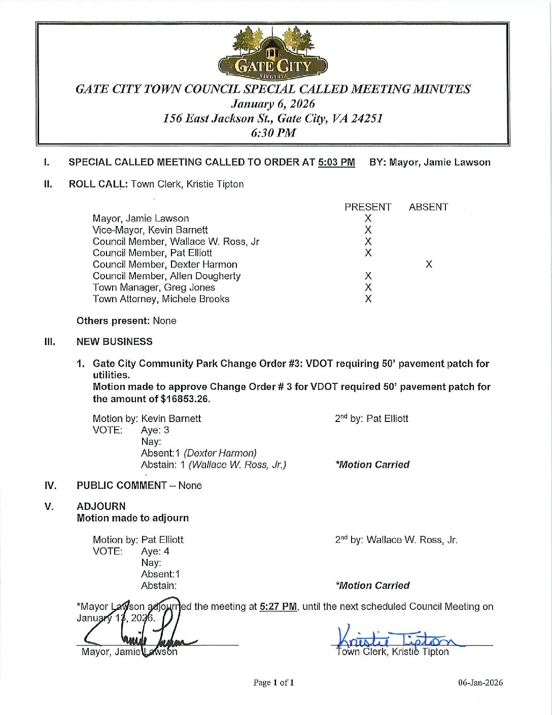 Special Called Meeting – Gate City Community Park Change Order #3