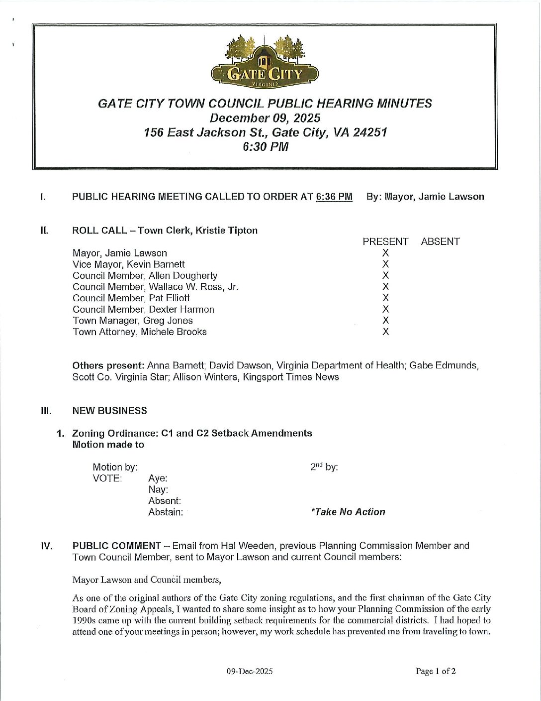 PUBLIC HEARING MINUTES – C1 & C2 SETBACK AMENDMENTS