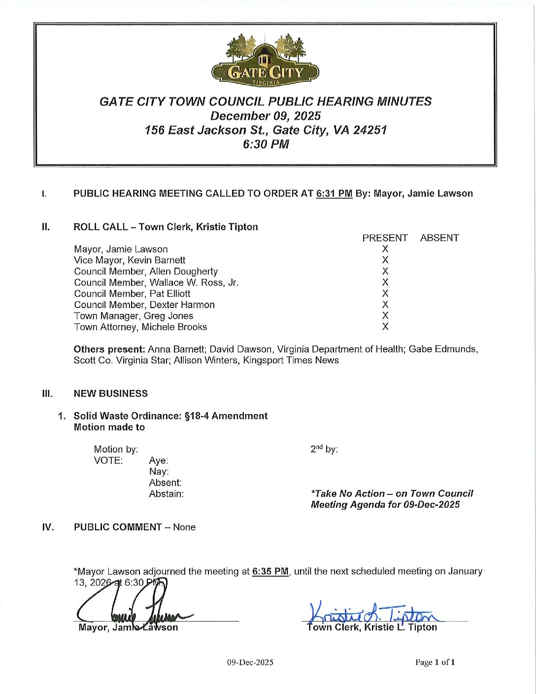 PUBLIC HEARING – SOLID WASTE ORDINANCE SECTION 18-4 AMENDMENT