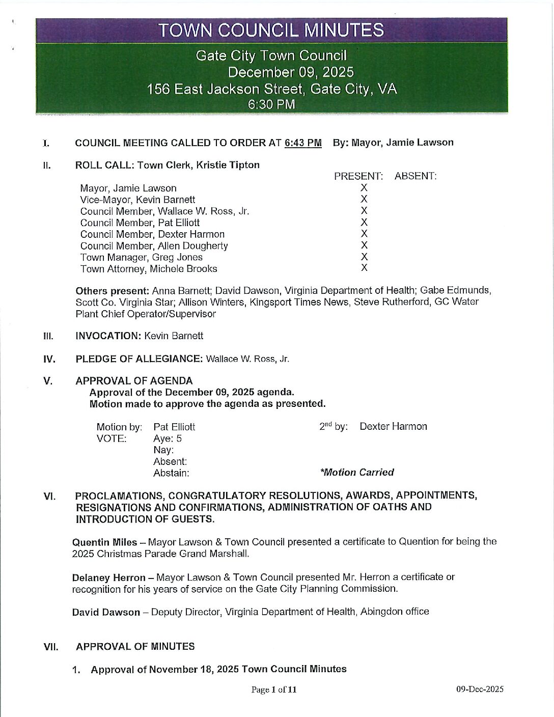 MINUTES Town Council 09-Dec-2025 TOWN COUNCIL MINUTES