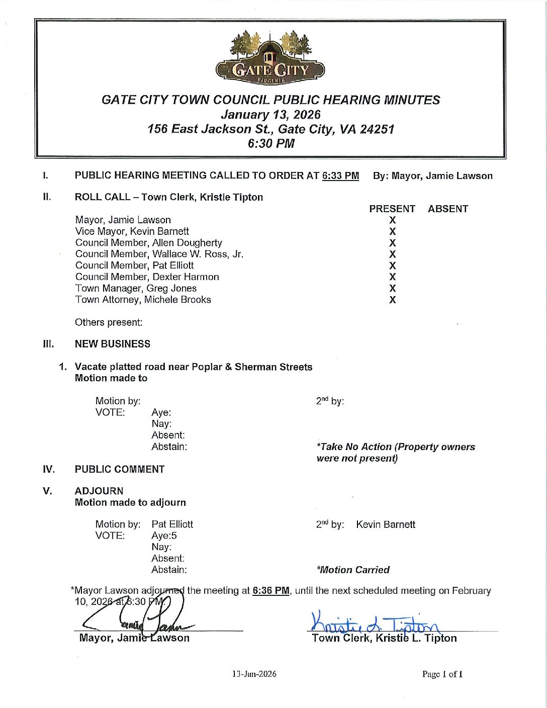 TOWN COUNCIL PUBLIC HEARING – Vacate Platted Road at Poplar & Sherman St.
