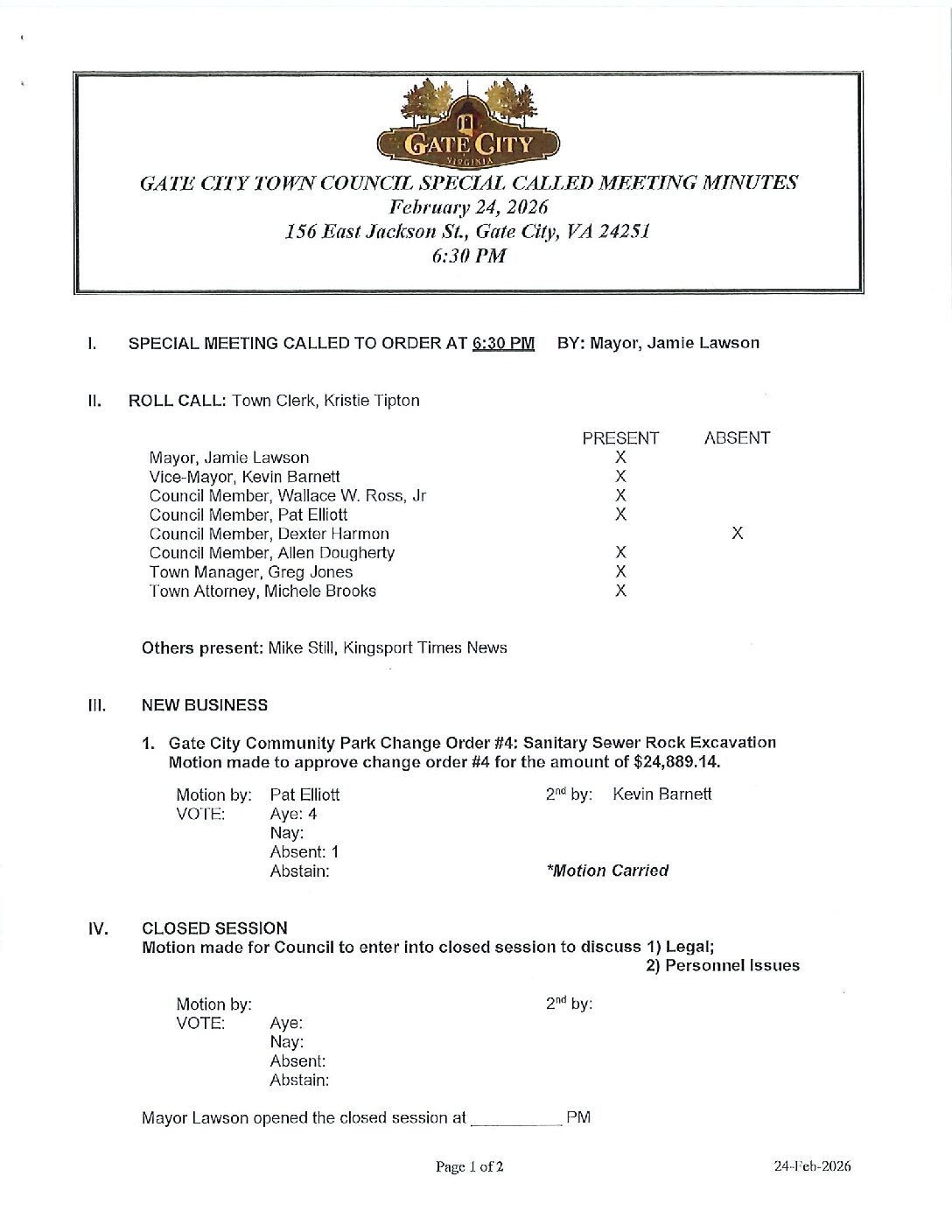 SPECIAL CALLED MEETING MIINUTES – Community Park Change Order #4